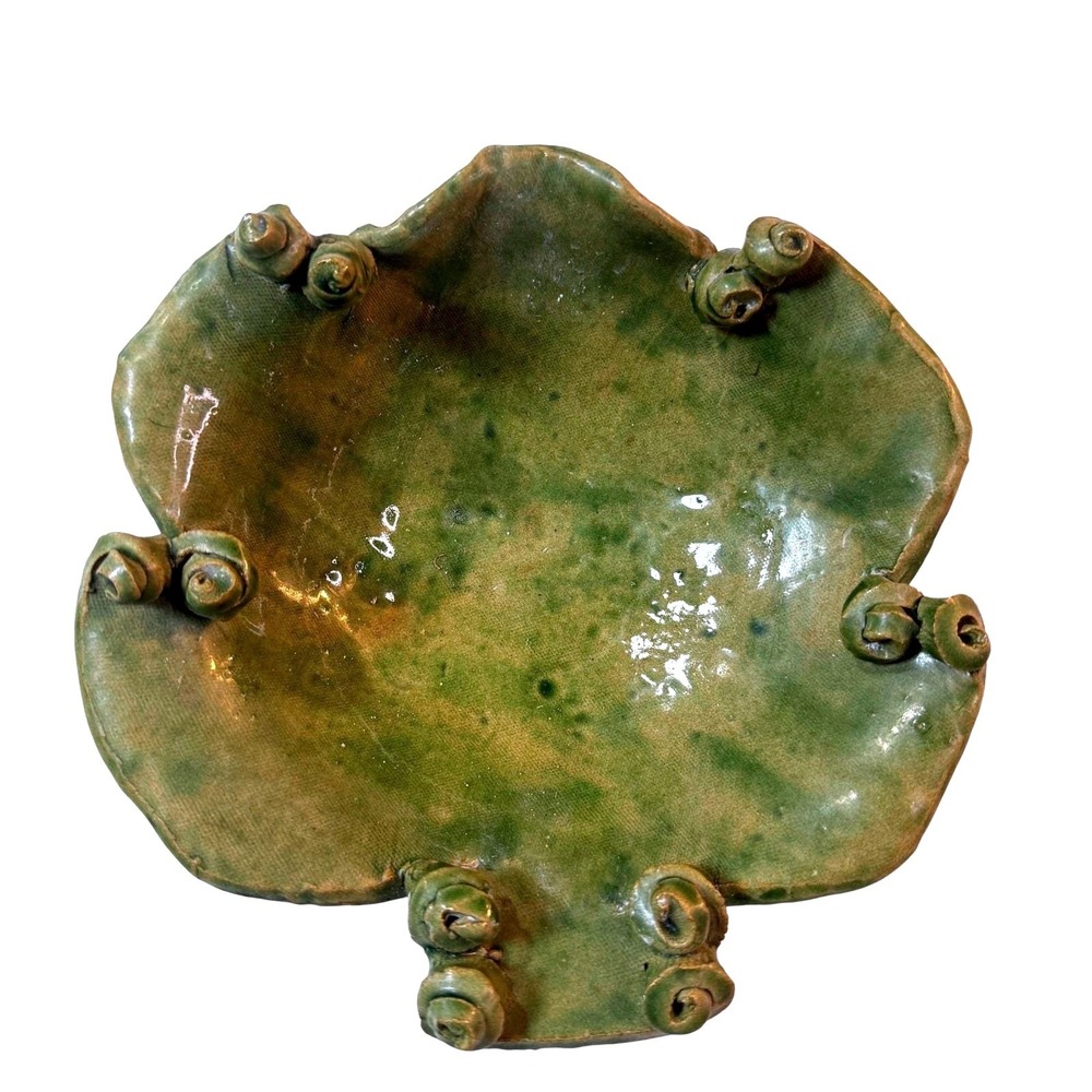 Earthy Handmade Studio Pottery Bowl OS Green Scroll Snail Accents Goblincore